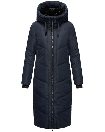 MARIKOO Damen Wintermantel Warmer Steppmantel lang mit Kapuze und abnehmbarem Kunstfellkragen Nadaree XVI Navy Gr. XL von MARIKOO