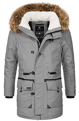 MARIKOO Herren Winterjacke Kapuze Kunstfell Winter Jacke Parka warm lang B629 [B629-Ansaya-Grau-Gr.S] von MARIKOO