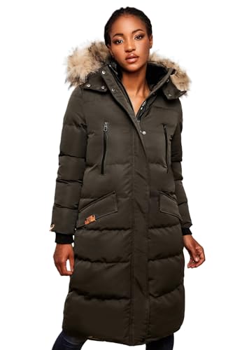 MARIKOO lange Damen Winterjacke warmer Parka gesteppt mit Kapuze B890 [B890-Schneestern-Anthrazit-Gr.XS] von MARIKOO