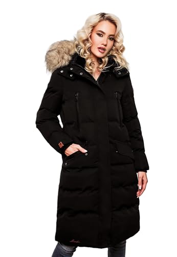 MARIKOO lange Damen Winterjacke warmer Parka gesteppt mit Kapuze B890 [B890-Schneestern-Schwarz-Gr.M] von MARIKOO