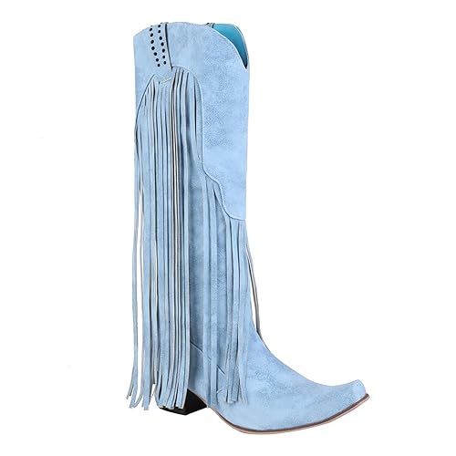 MARXAN Damen-Stiefel mit Fransen, breite Waden, Cowboy-Stiefel, hohe Absätze, spitze Zehen, Damen-Vintage-Stil, mittelhohe Damen-Freizeitschuhe (Color : Blau, Size : 44 EU) von MARXAN