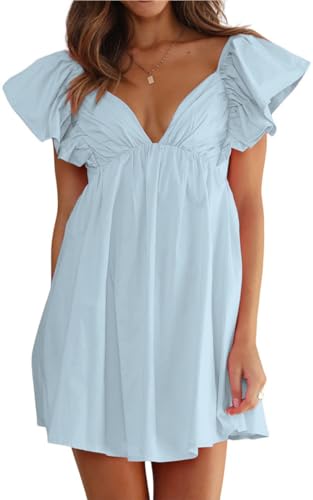 MASKAZU Mini-Babydoll-Kleid für Damen, Schmetterlingsärmel, Schleife am Rücken, Mini-Babydoll-Kleid, Babyblau, Medium MASKAZU Mini-Babydoll-Kleid für Damen, Schmetterlingsärmel, Schleife am Rücken, Mini-Babydoll-Kleid, Babyblau, Medium von MASKAZU