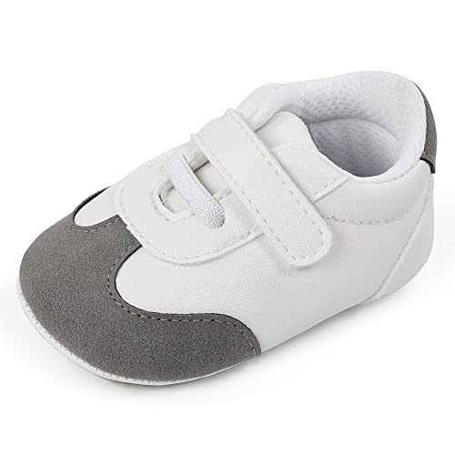 MASOCIO Babyschuhe Junge Mädchen Baby Schuhe Lauflernschuhe Jungen 0 Krabbelschuhe Sneaker Größe 18 Weiß Grau 3-6 Monate von MASOCIO