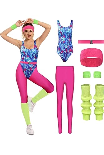 MASSWO Aerobic-Kostüm für Damen, 80er-Jahre-Trainingsanzug, 90er-Jahre-Zubehör-Set, Retro-Jogginganzug, Hüfttasche, Fitnessstudio, Yoga, Laufen, Pink, L von MASSWO