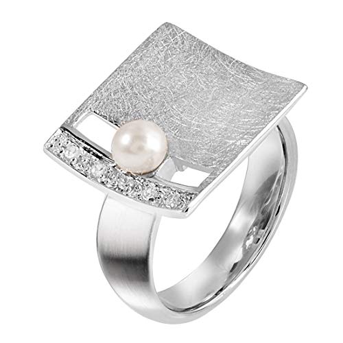 Materia Silber Ringe 925 Frauen matt breit - Zirkonia Ring mit Perle SR-44-51 von MATERIA by Matthias Wagner