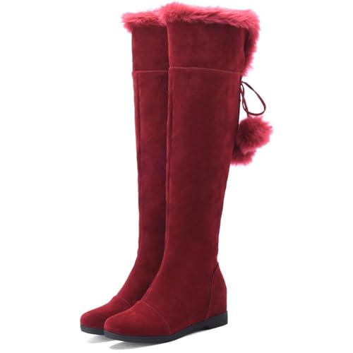 MAUXpIAO Damen-Stiefel aus Wildleder Kunstplüsch-Schneestiefel seitlicher Reißverschluss flacher Absatz lange Stiefel mit Schnürung hinten Herbst-Winter-Kleiderschuhe pumps/C/38EU von MAUXpIAO