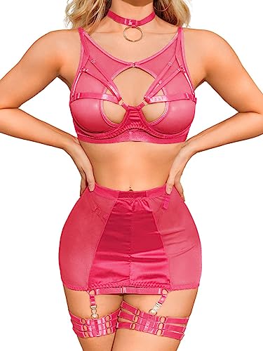 MAVIS LAVEN Damen-Dessous-Set für Frauen, durchscheinend, dehnbar, hoher Taillenrock, Strumpfband-Set, G-String,Rosenrot,S von MAVIS LAVEN