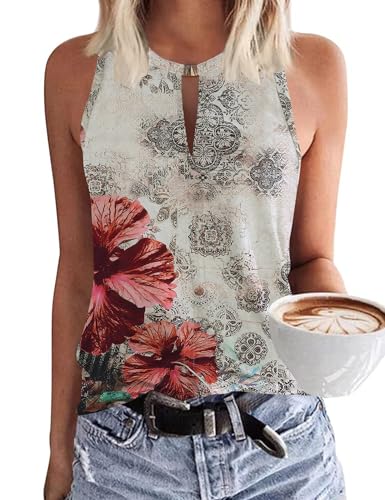 MAVIS LAVEN Damen Boho Sommer Sexy Tank Top Ärmellos Schlüsselloch V Ausschnitt Weite Oberteile Blumen Muster Bluse Elegant Lässig Locker Fallend Neckholder Tanktops Basic Strick Blusentoptop Frauen von MAVIS LAVEN