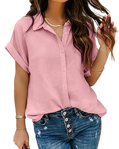 MAVIS LAVEN Damen Button-Down-Shirts mit Taschen, kurzärmelig, Chiffon, Bürobluse, V-Ausschnitt, lässige Business-Tops, schmale Passform, 1-pink, Mittel von MAVIS LAVEN