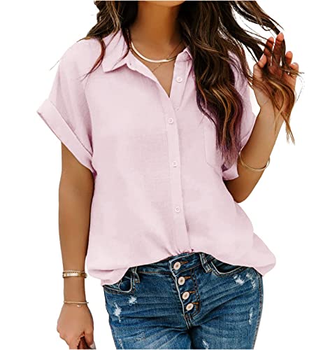 MAVIS LAVEN Damen Button-Down-Shirts mit Taschen, kurzärmelig, Chiffon, Bürobluse, V-Ausschnitt, lässige Business-Tops, schmale Passform, Pink, Mittel von MAVIS LAVEN