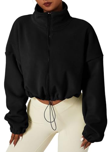 MAVIS LAVEN Damen Fleecejacke mit durchgehendem Reißverschluss, verkürzter warmer Wintermantel langärmeliges Sweatshirt mit Kordelzug von MAVIS LAVEN