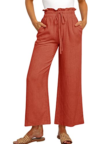 MAVIS LAVEN Damen-Leinenhose, hohe Taille, weites Bein, Kordelzug, lässige, lockere Hose mit Taschen,Rot,S von MAVIS LAVEN