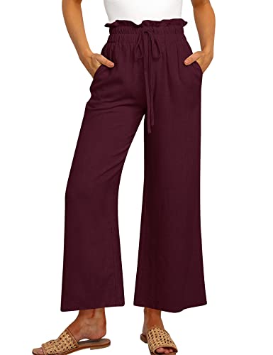 MAVIS LAVEN Damen-Leinenhose, hohe Taille, weites Bein, Kordelzug, lässige, lockere Hose mit Taschen,Weinrot,XL von MAVIS LAVEN