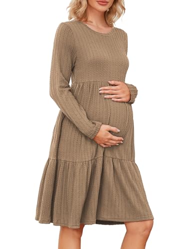 MAVIS LAVEN Damen Umstandskleid Rippstrick Rundhalsausschnitt Langarm Lässige Schwangerschaftskleider für Fotoshooting Babyparty, Khaki M von MAVIS LAVEN