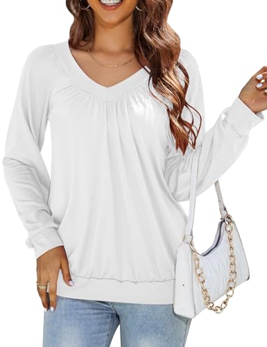 MAVIS LAVEN Langarmshirt Damen T Shirt Langarm V-Ausschnitt Plissierte Tunika Elegant Bluse Shirt Lose Lässig Herbst Einfarbig Oberteile,Weiß,S von MAVIS LAVEN