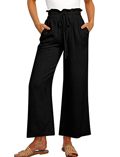 MAVIS LAVEN Leinenhose für Damen, hohe Taille, weites Bein, Kordelzug, lässige, lockere Hose mit Taschen,Schwarz,S von MAVIS LAVEN