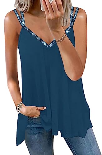 MAVIS LAVEN Spaghetti Top Damen Funkelnd Strass Sexy V-Ausschnitt Strap Cami Sommer Ärmellose Blusen Oberteile Party Cocktail，Marineblau,S von MAVIS LAVEN