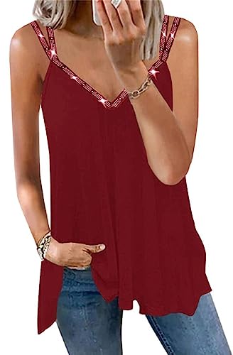 MAVIS LAVEN Spaghetti Top Damen Funkelnd Strass Sexy V-Ausschnitt Strap Cami Sommer Ärmellose Blusen Oberteile Party Cocktail，Weinrot,2XL von MAVIS LAVEN