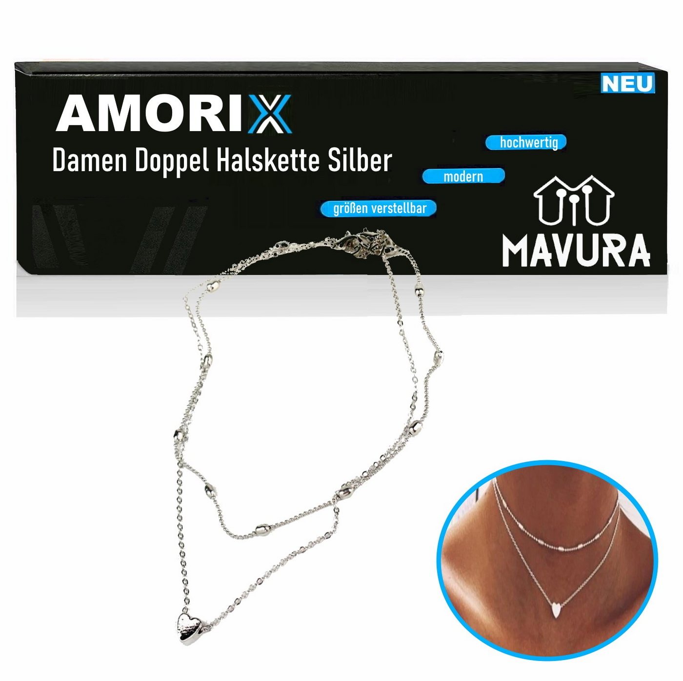 MAVURA Kette mit Anhänger AMORIX Damen Doppel Kette Halskette silber Herz 2er Set, Blogger kurz Herzkette Doppelkette Statement Valentinstag von MAVURA