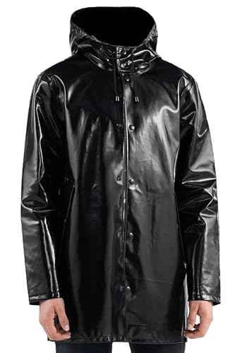 MAXDUD Regenmantel für Herren, PVC-Leder, leicht, schwarz, stilvoll, für Regen mit Kapuze, Schwarz – PVC-Leder, XXXX-Large von MAXDUD