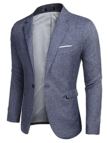 COOFANDY Sakko Herren Sportlich Slim Fit Leinen Sommersakko Männer Jackett Freizeit Blau L von COOFANDY