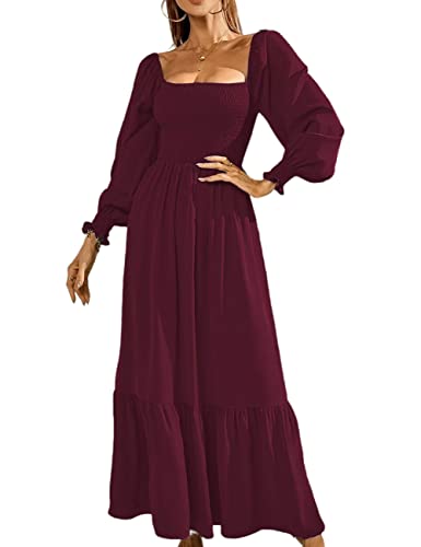 MAYFASEY Damen Casual Square Neck gesmokt Volant gerafft Rüschen Saum Flowy Maxikleid, A-Wine Red, Small von MAYFASEY