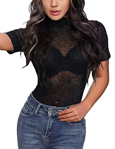 MAYFASEY Damen Floral Gedruckt Kurze Ärmel Stretch Mesh Durchsichtige Bodys, Schwarz, XXL von MAYFASEY