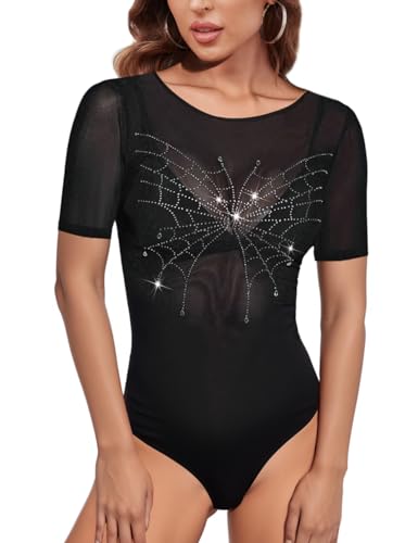 MAYFASEY Damen Kurzarm Mesh Transparente Bodys Rundhalsausschnitt Strass Body Clubwear, Schwarz, M von MAYFASEY