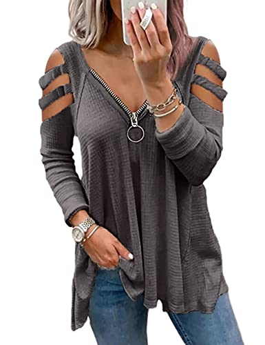 MAYFASEY Damen Langarm Cut Out Kalte Schulter Bluse Tunika Tops Sexy V-Ausschnitt Reißverschluss T Shirts, Grau, M von MAYFASEY