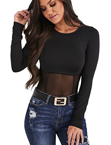 MAYFASEY Damen Langarm Mesh Body Durchsichtig Schwarz Trikot Bodysuit Top, Schwarz, M von MAYFASEY