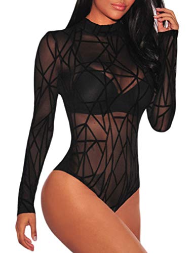 MAYFASEY Damen Langarm Mesh Bodysuit Oberteile Sexy Trikot Top Jumpsuit, Schwarz, L von MAYFASEY