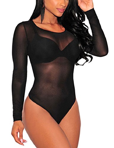 MAYFASEY Damen Langarm Stretch Mesh Durchsichtiger Jumpsuit Body Trikot Club Party Bodycon Tops, Schwarz, S von MAYFASEY