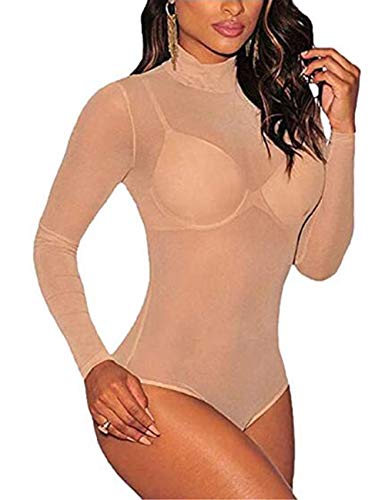 MAYFASEY Damen Mesh Bodys Langarm Rollkragen Sexy Trikot Top Jumpsuit, Nackt, S von MAYFASEY