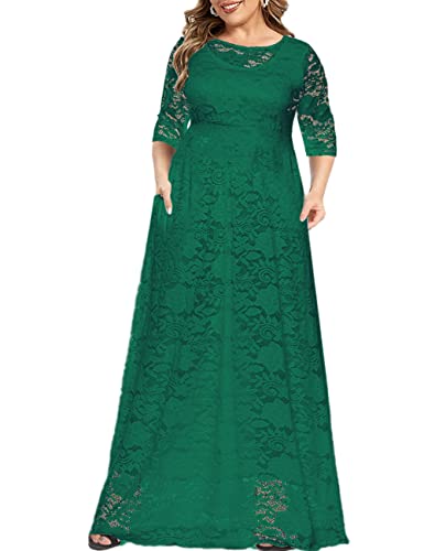 MAYFASEY Damen Plus Size Floral Spitze Hochzeit Kleid 3 4 Ärmel Brautjungfer Abend Party Lange Maxikleider mit Taschen, B-grün, X-Groß von MAYFASEY