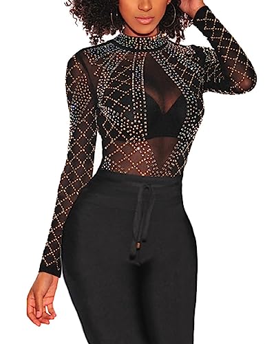 MAYFASEY Damen Sexy Mesh Langarm Strass Top Durchsichtige Slim Fit T-Shirt Tunika, Schwarz, L von MAYFASEY