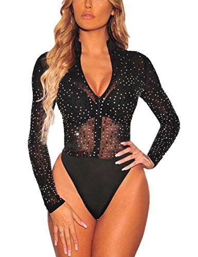 MAYFASEY Damen Sexy Strass Body V Ausschnitt Langarm Jumpsuit Trikot Top, Schwarz, L von MAYFASEY