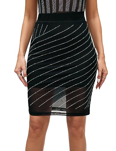 MAYFASEY Damen Sexy Strass Kurzer Minirock Bodycon Elastizität Eng Casual Club Bleistiftrock, Schwarz, L von MAYFASEY