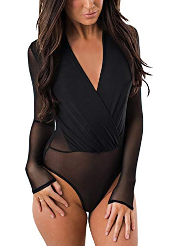 MAYFASEY Damen Sexy V Ausschnitt Mesh Body Langarm Transparentes Trikot Jumpsuit Top, Schwarz, XXL von MAYFASEY