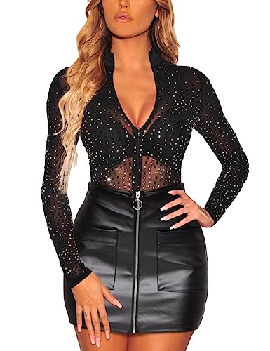 MAYFASEY Damen Sexy V-Ausschnitt Strass Mesh Langarm Tunika Hemden Transparente Tops Bluse, Schwarz, M von MAYFASEY