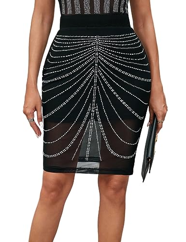 MAYFASEY Damen Sparkle Strass Schwarz Stretch High Waist Bodycon Midi Bleistiftrock, Schwarz, XXL von MAYFASEY