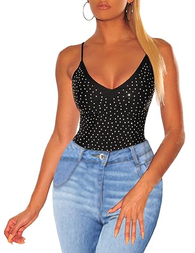 MAYFASEY Damen Strass Ärmellos Durchsichtige Tops Sexy V Hals Mesh Bluse T-Shirt, Schwarz, L von MAYFASEY