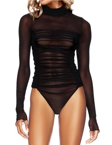 MAYFASEY Damen Transparente Mesh Bodys Rollkragenpullover Langarm Durchsichtiger Body, Schwarz, XL von MAYFASEY