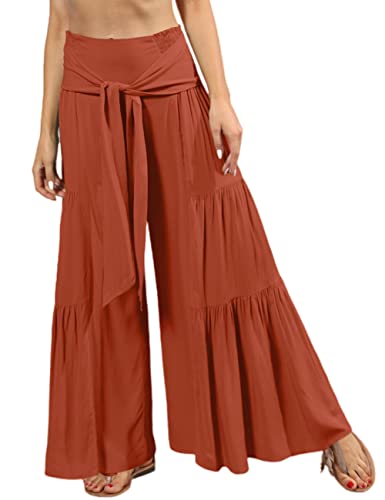 MAYFASEY Frauen Casual Weite Bein Ausgestellte Hose Hohe Split Elastische Taille Lange Hose Loose Fit Palazzo Hose Formal Hose, C-rötliches Braun, XXL von MAYFASEY