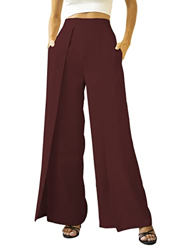 MAYFASEY Frauen Casual Wide Leg Schlaghose High Split Elastic Waist Long Pants Loose Fit Palazzo Pants Formelle Hose, A-Wine Red, M von MAYFASEY