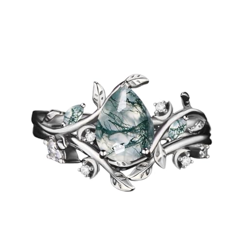 MBSUUH Ring-Set aus natürlichem Moosachat, 2 Karat, 925er-Sterlingsilber, birnenförmig, Moos, Verlobungsringe für Damen, inspirierter Blattgrüner Achat, Hochzeit, Brautschmuck, Größe 5, 5, Silber MBSUUH Ring-Set aus natürlichem Moosachat, 2 Karat, 925er-Sterlingsilber, birnenförmig, Moos, Verlobungsringe für Damen, inspirierter Blattgrüner Achat, Hochzeit, Brautschmuck, Größe 5, 5, Silber von MBSUUH