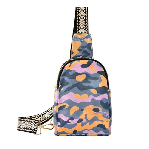 Camouflage-Umhängetasche für Damen und Herren, Leder, Brusttasche, Geldbörse, verstellbar, Cross-Body-Tagesrucksack, Orange/Schwarz, Camouflage, Umhängetasche von MCHIVER