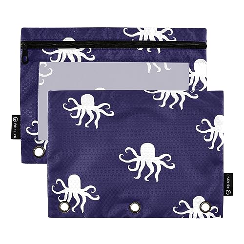 MCHIVER Cartoon Octopuses blaues Federmäppchen für 3-Ringbuch-Bleistiftbeutel mit Reißverschlüssen, durchsichtiges Fenster, Bindertaschen, Bleistifttaschen für Arbeit, Alltag, Büro, 2 Packungen von MCHIVER