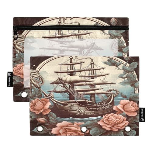 MCHIVER Federmäppchen mit 3 Ringbüchern, Vintage-Schiff, Voyage, Rose, mit Reißverschluss, transparentes Fenster, Bindertaschen, Bleistiftbeutel für Büro, Arbeit, Alltag, Organizer, 2 Packungen von MCHIVER