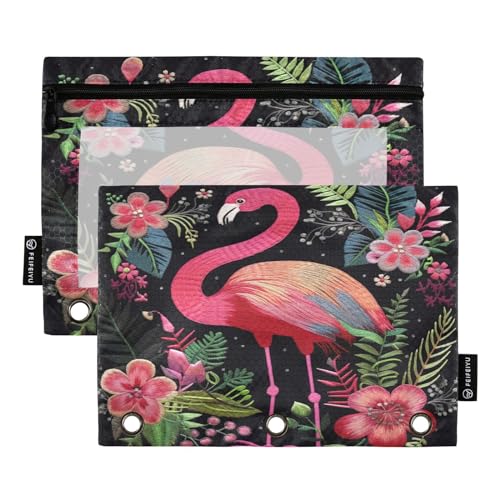 MCHIVER Federmäppchen mit Flamingo-Blumen, für 3-Ringbinder, Bleistiftbeutel mit Reißverschlüssen, transparentes Fenster, Bindertaschen, Bleistiftbeutel für Arbeit, Alltag, Organizer, Büro, 2 von MCHIVER