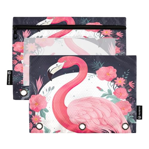 MCHIVER Federmäppchen mit Flamingo-Blumen-Motiv, für 3-Ringbinder, Bleistiftbeutel mit Reißverschlüssen, transparentes Fenster, Bindertaschen, Bleistifttaschen für Büro, tägliche Arbeit, 2 Packungen von MCHIVER